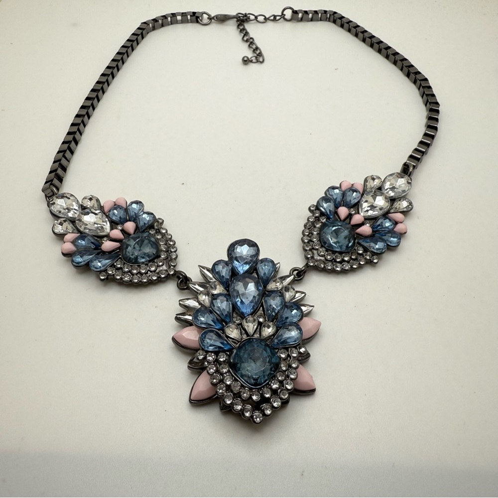 Blue Pink Rhinestone Statement Gunmetal Necklace
